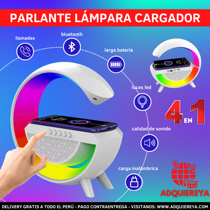 LÁMPARA CARGADOR 4 EN 1 (PARLANTE BLUETOOTH, LUCES LED, RADIO FM)
