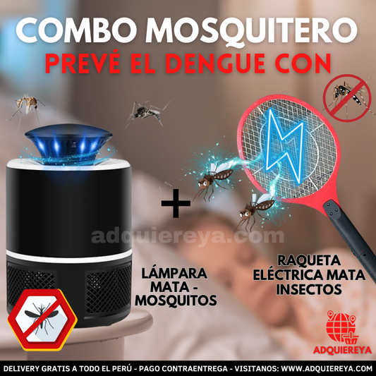 COMBO MOSQUITERO: LAMPARA ATRAPA MOSQUITOS + RAQUETA ELÉCTRICA MATA INSECTOS